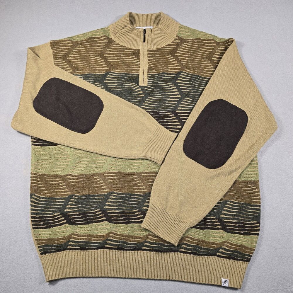 Stacy Adams Men's 2XL Cream 1/4 Zip Mock Neck 3D Pullover Sweater Elbow Patch
